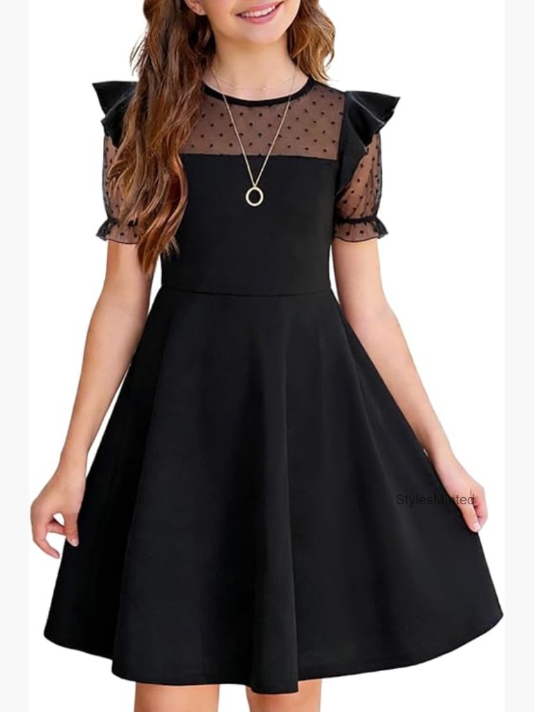 Girls Mesh Polka Dot Ruffle Sleeve A-Line Party Skater Dress